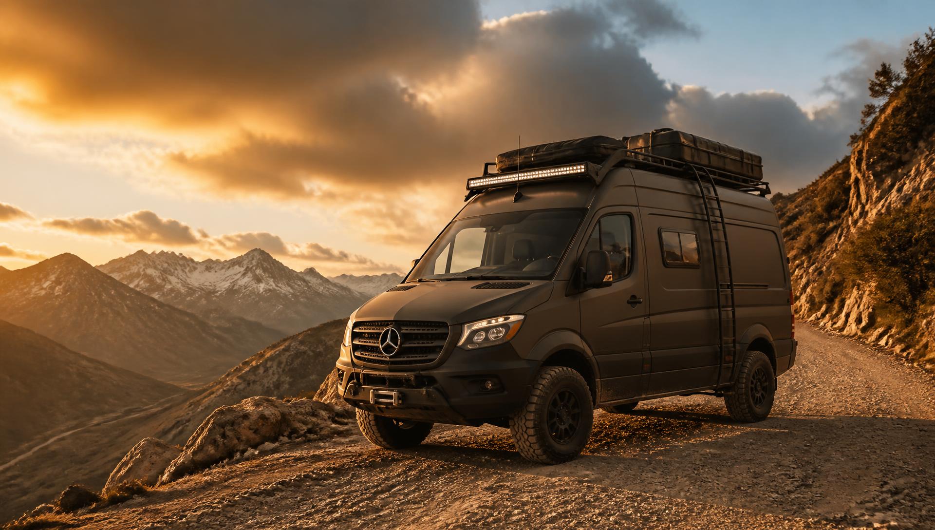 Offroad-Sprinter auf einem Bergpass im Abendlicht